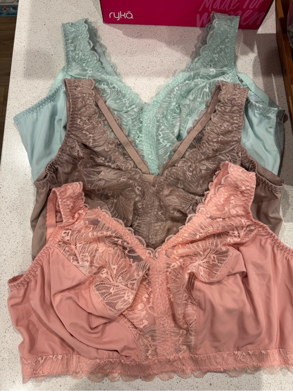 Breezies Lace Trim Bralette Trio - Pink, Taupe, Mint